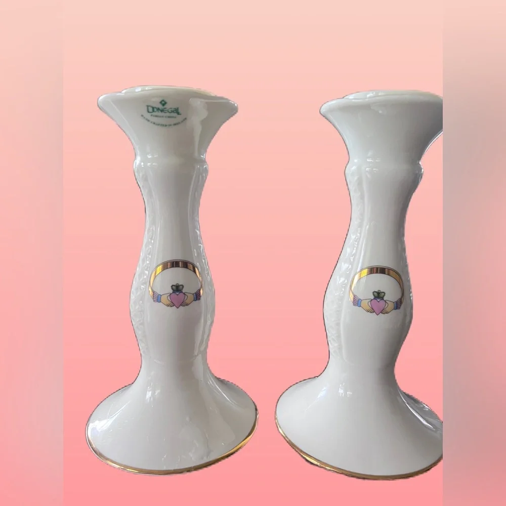 Claddagh Candlestick Holders Porcelain gold trim ivory white Donegal Parian